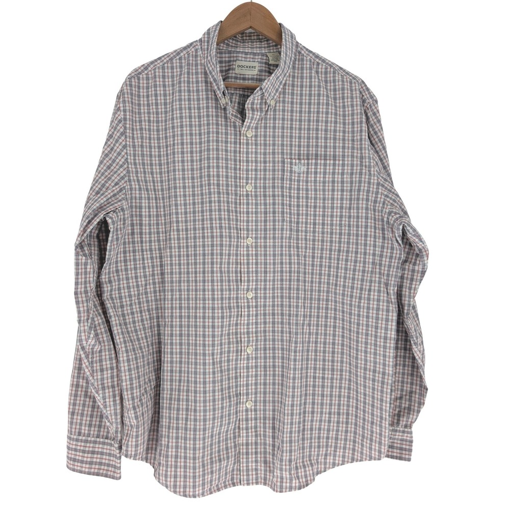 Dockers Plaid Button Down Shirt Mens XL Red Navy White Excellent Long Sleeve